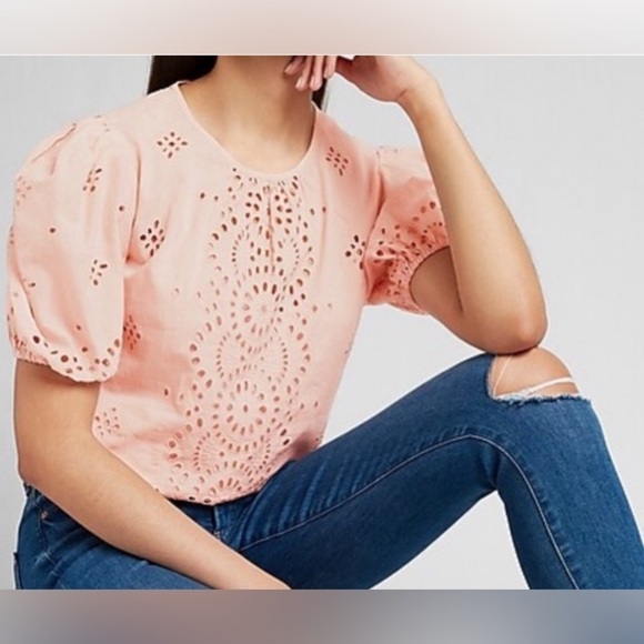 Express | Pale Pink Embroidered Eyelet Lace Puff Sleeve Romantic Top Size Small - Picture 2 of 13